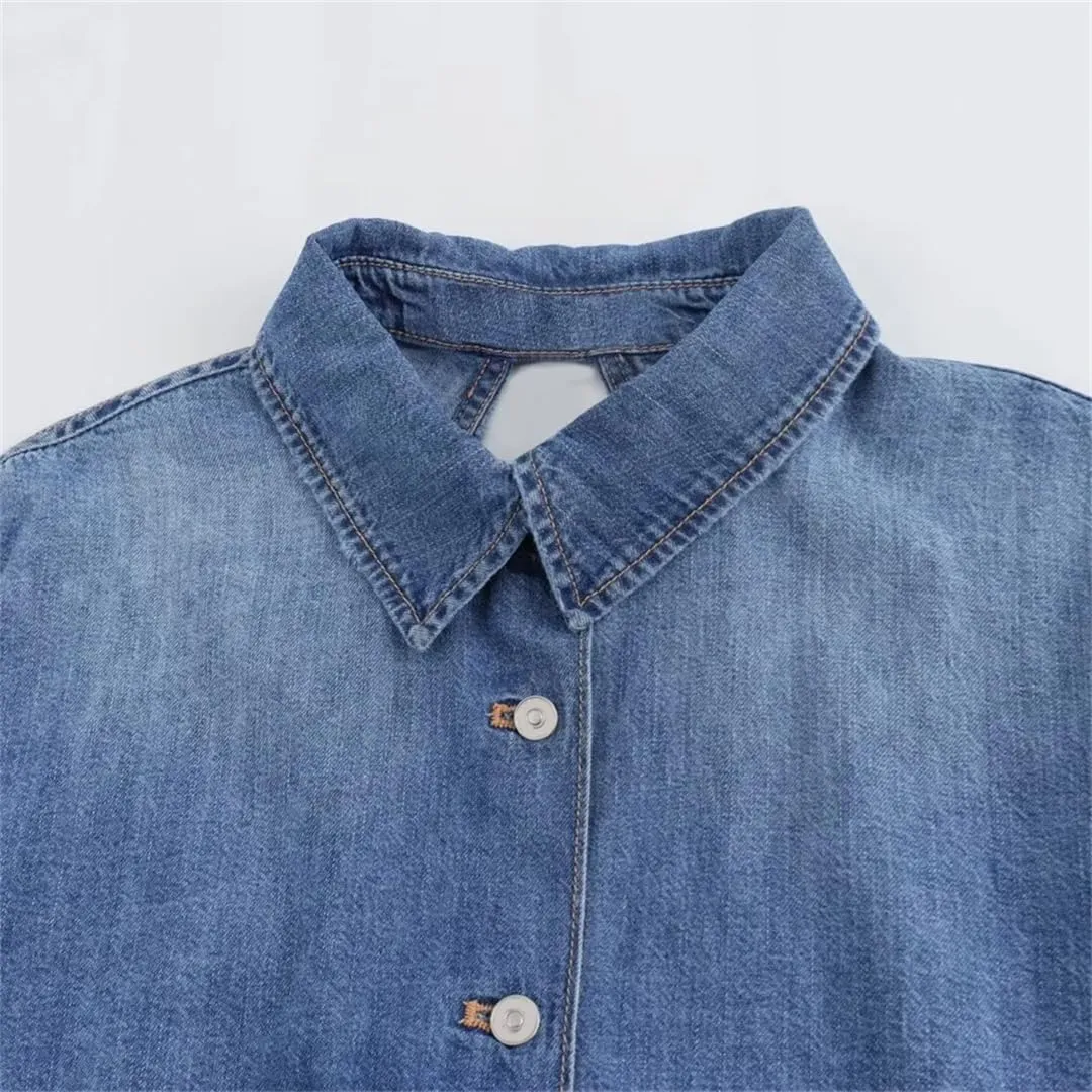Women's Polo Neck Denim Jacket Long Sleeve Open Back Design Washed Long Sleeve Jean Coat