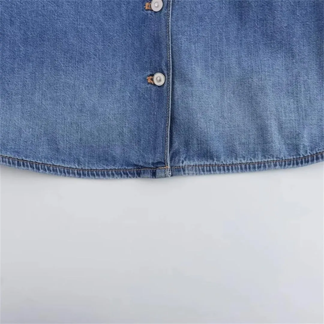 Women's Polo Neck Denim Jacket Long Sleeve Open Back Design Washed Long Sleeve Jean Coat