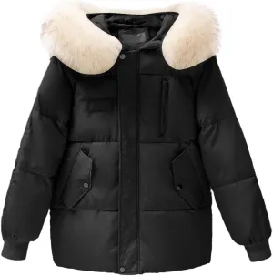 Women's Puffer Jacket Warm Thickened Zip Up Down Jacket Quilted Parkas with Faux Fur Hood Casual Outerwear Pockets