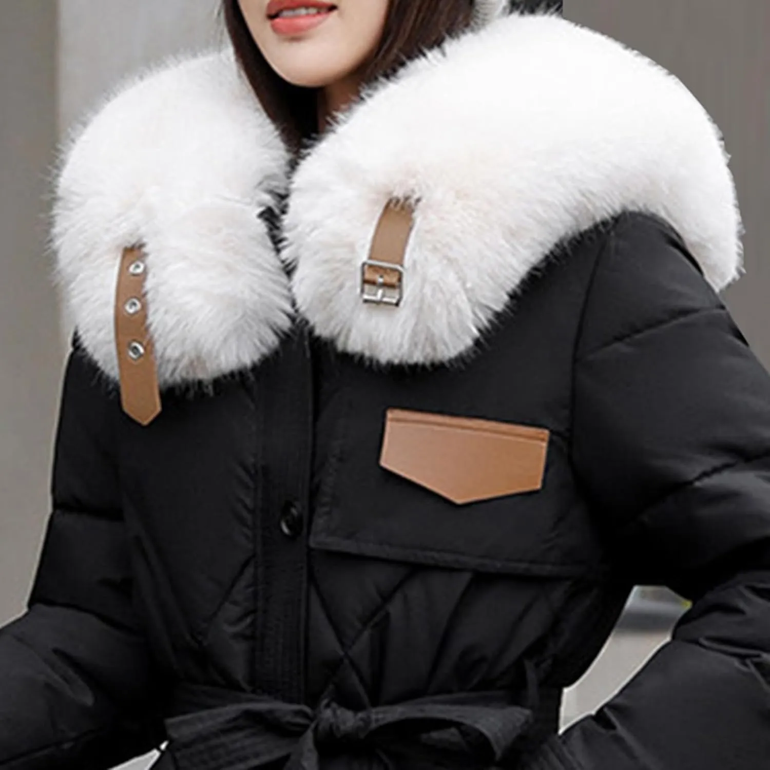Womens Puffer Winter Coats Faux Fur Collar Warm Quilted Thickened Down Jacket Trendy Trench Coat Overcoat Outerwear