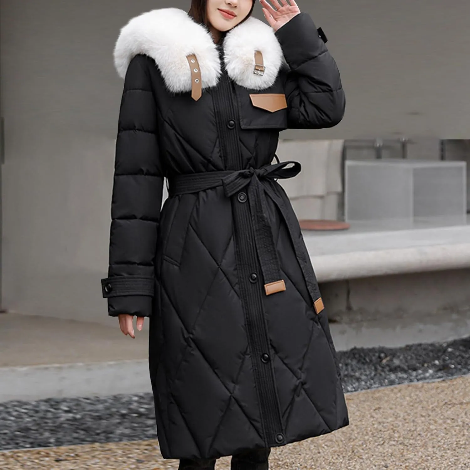Womens Puffer Winter Coats Faux Fur Collar Warm Quilted Thickened Down Jacket Trendy Trench Coat Overcoat Outerwear