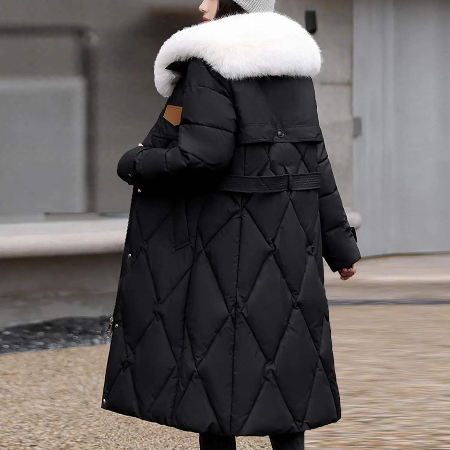 Womens Puffer Winter Coats Faux Fur Collar Warm Quilted Thickened Down Jacket Trendy Trench Coat Overcoat Outerwear