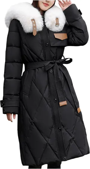 Womens Puffer Winter Coats Faux Fur Collar Warm Quilted Thickened Down Jacket Trendy Trench Coat Overcoat Outerwear