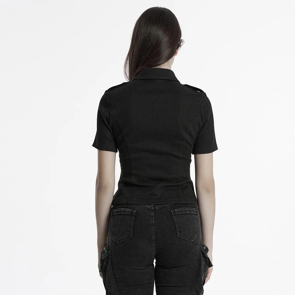 Women's Punk Military Turn-down Collar Lace-up Knitted Shirt