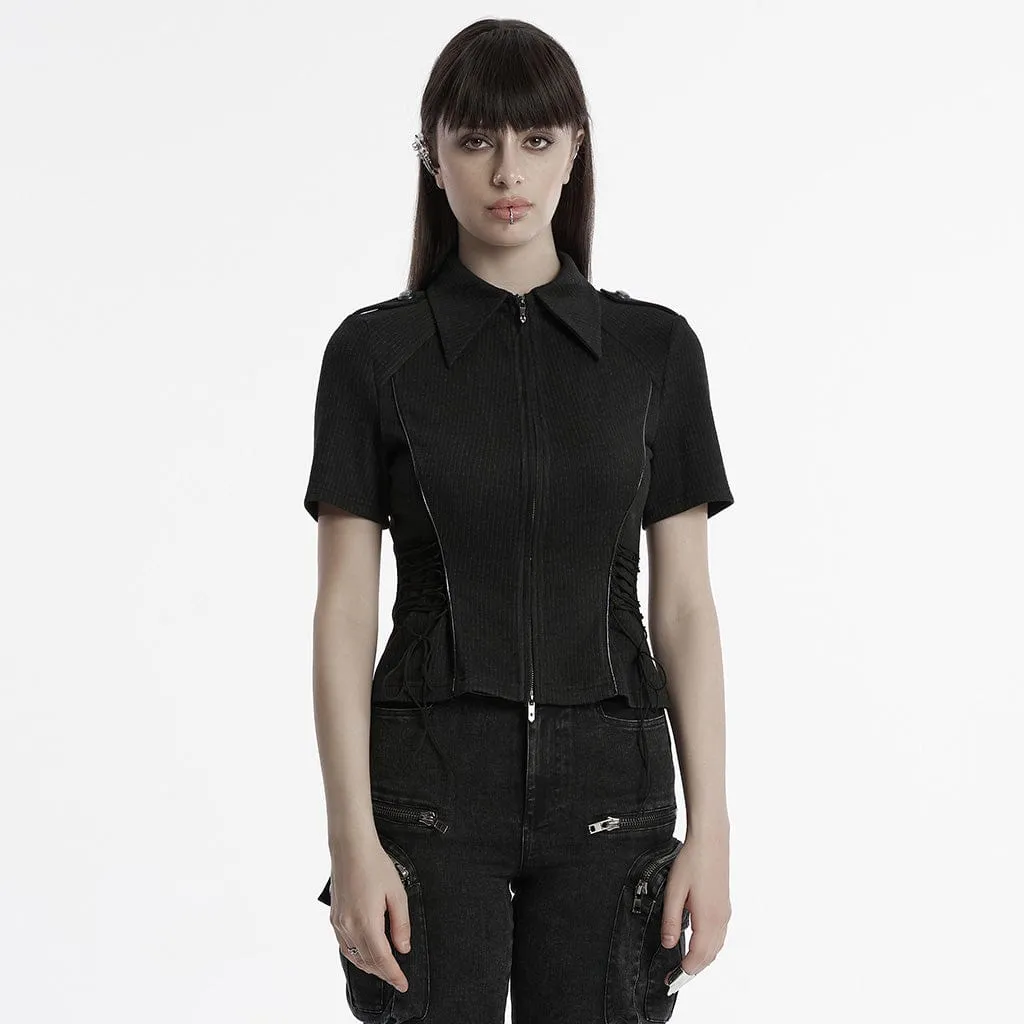 Women's Punk Military Turn-down Collar Lace-up Knitted Shirt