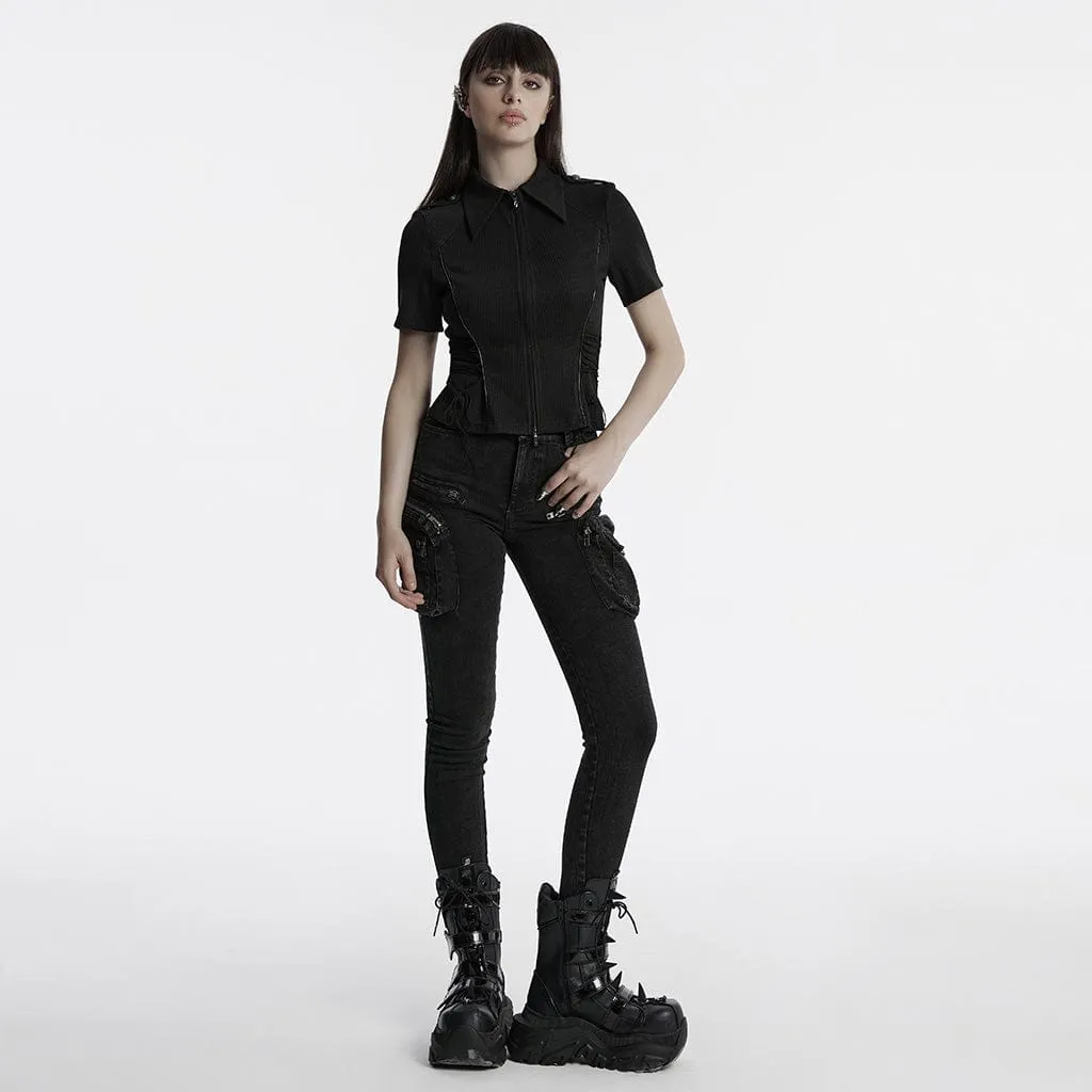 Women's Punk Military Turn-down Collar Lace-up Knitted Shirt