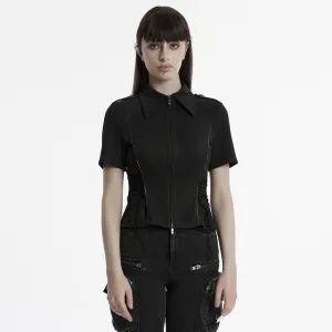 Women's Punk Military Turn-down Collar Lace-up Knitted Shirt