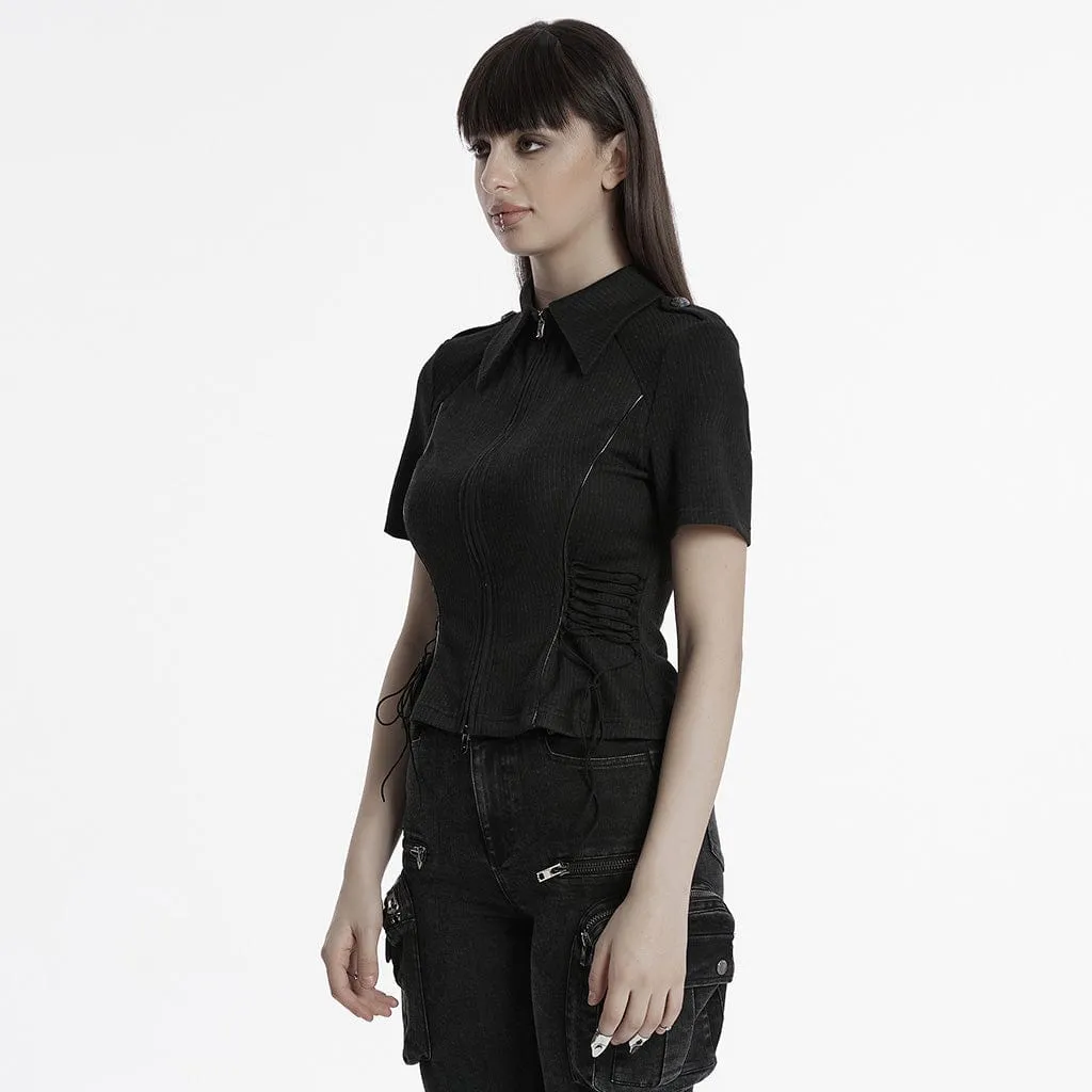 Women's Punk Military Turn-down Collar Lace-up Knitted Shirt