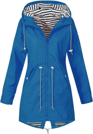 Women's Rain Jacket Long Outdoor Waterproof Hooded Raincoat Solid Drawstring Nylon Warm Zip Up Windbreaker with pockets