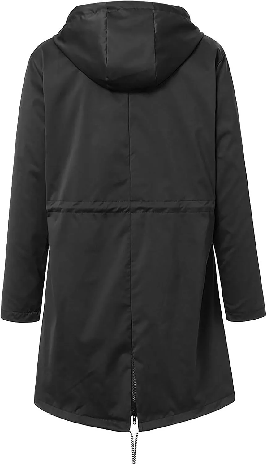Women's Rain Jacket Long Outdoor Waterproof Hooded Raincoat Solid Drawstring Nylon Warm Zip Up Windbreaker with pockets