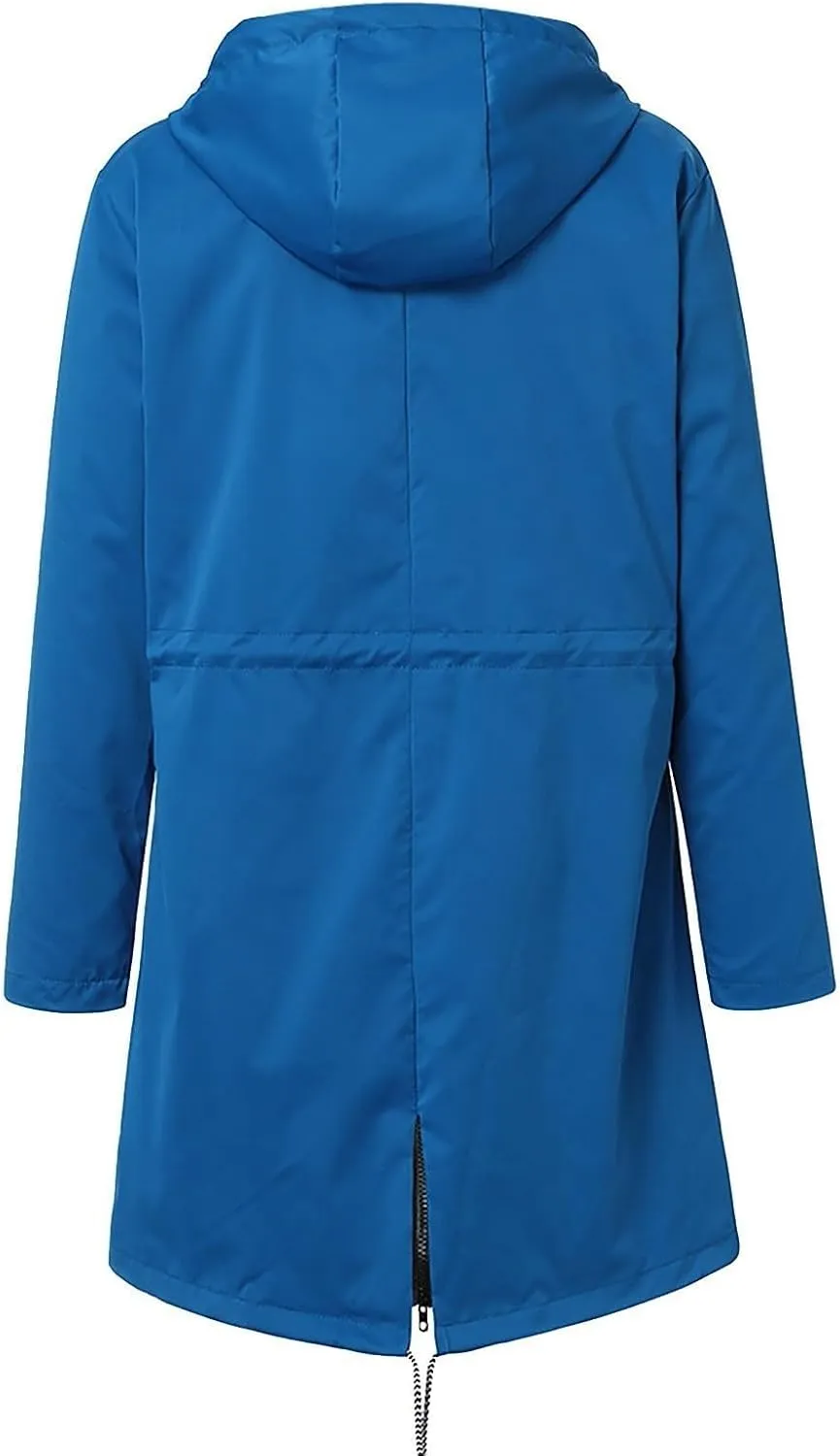 Women's Rain Jacket Long Outdoor Waterproof Hooded Raincoat Solid Drawstring Nylon Warm Zip Up Windbreaker with pockets