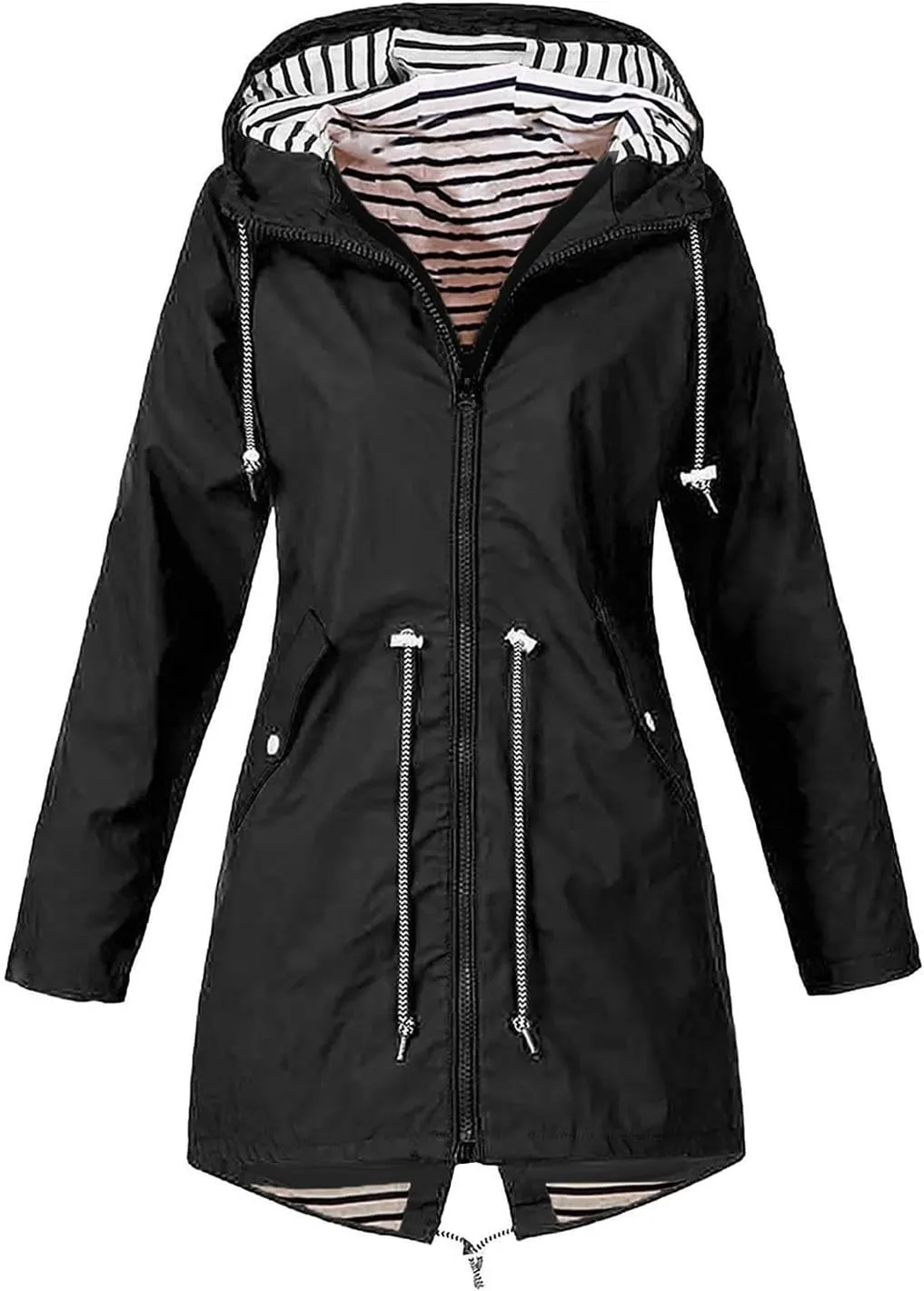 Women's Rain Jacket Long Outdoor Waterproof Hooded Raincoat Solid Drawstring Nylon Warm Zip Up Windbreaker with pockets