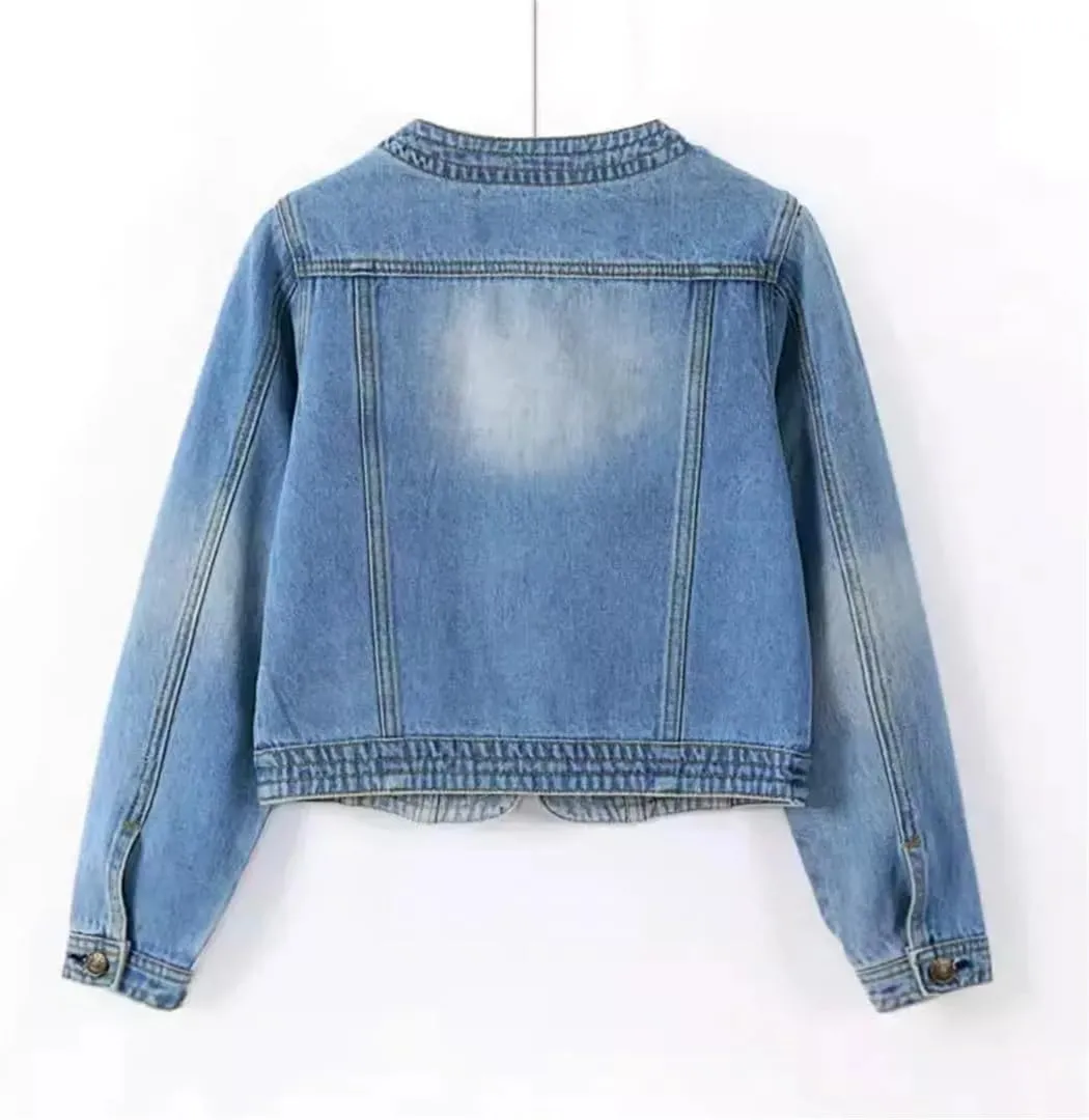 WomenS Seven Points Sleeve Denim Jacket O Neck Loose Fit Button Closure Pockets Vintage Inspired Casual Outerwear