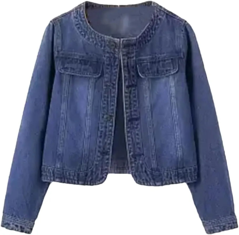 WomenS Seven Points Sleeve Denim Jacket O Neck Loose Fit Button Closure Pockets Vintage Inspired Casual Outerwear