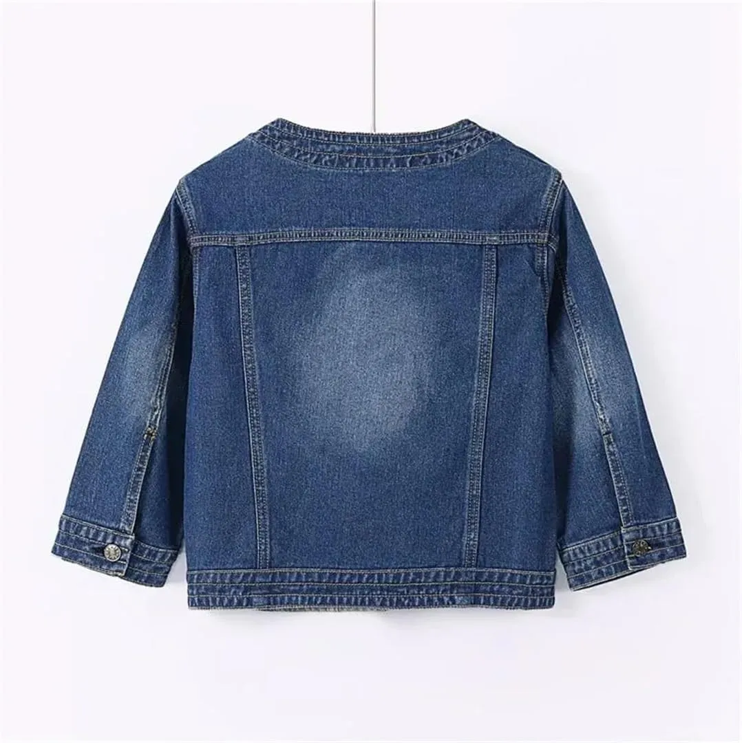 WomenS Seven Points Sleeve Denim Jacket O Neck Loose Fit Button Closure Pockets Vintage Inspired Casual Outerwear