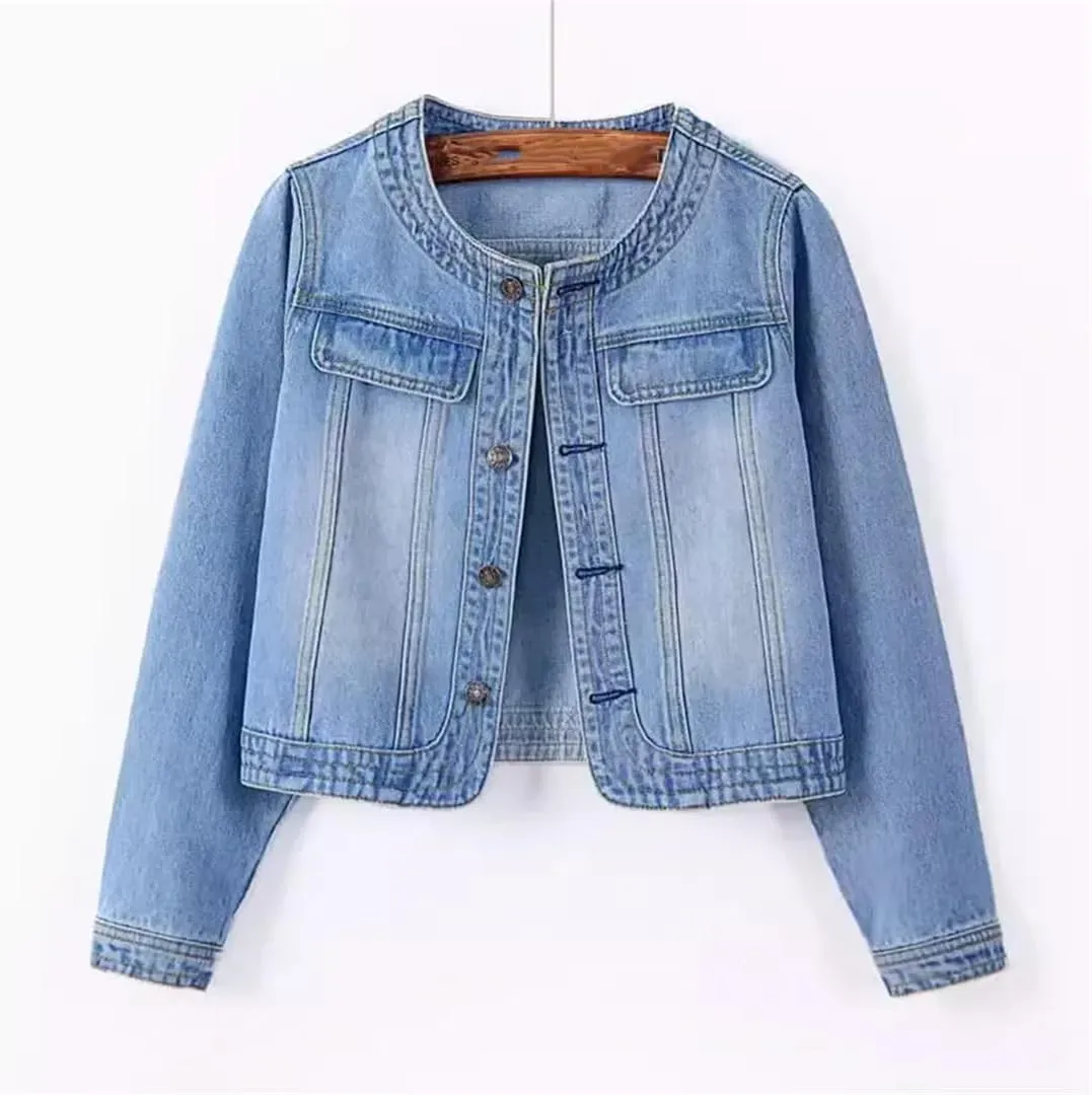 WomenS Seven Points Sleeve Denim Jacket O Neck Loose Fit Button Closure Pockets Vintage Inspired Casual Outerwear