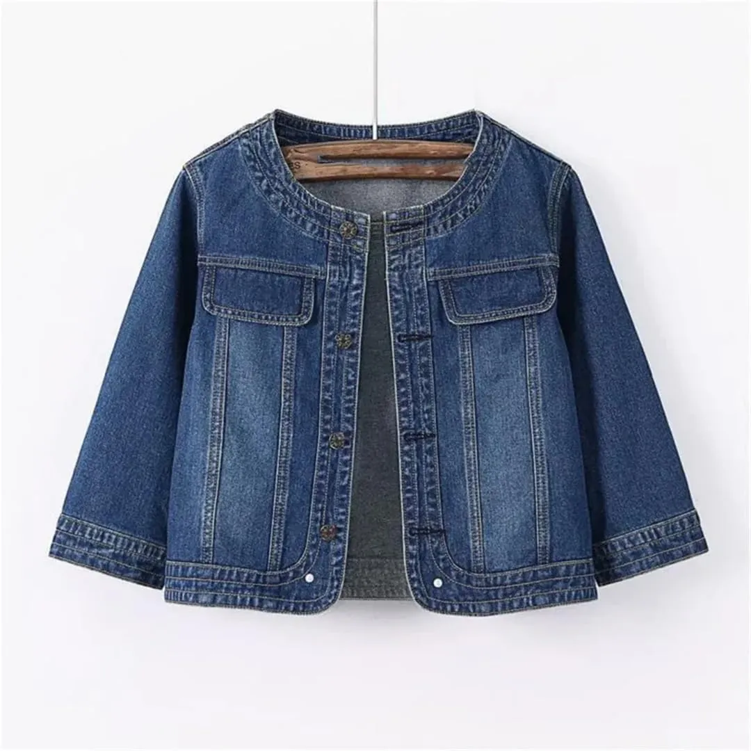 WomenS Seven Points Sleeve Denim Jacket O Neck Loose Fit Button Closure Pockets Vintage Inspired Casual Outerwear