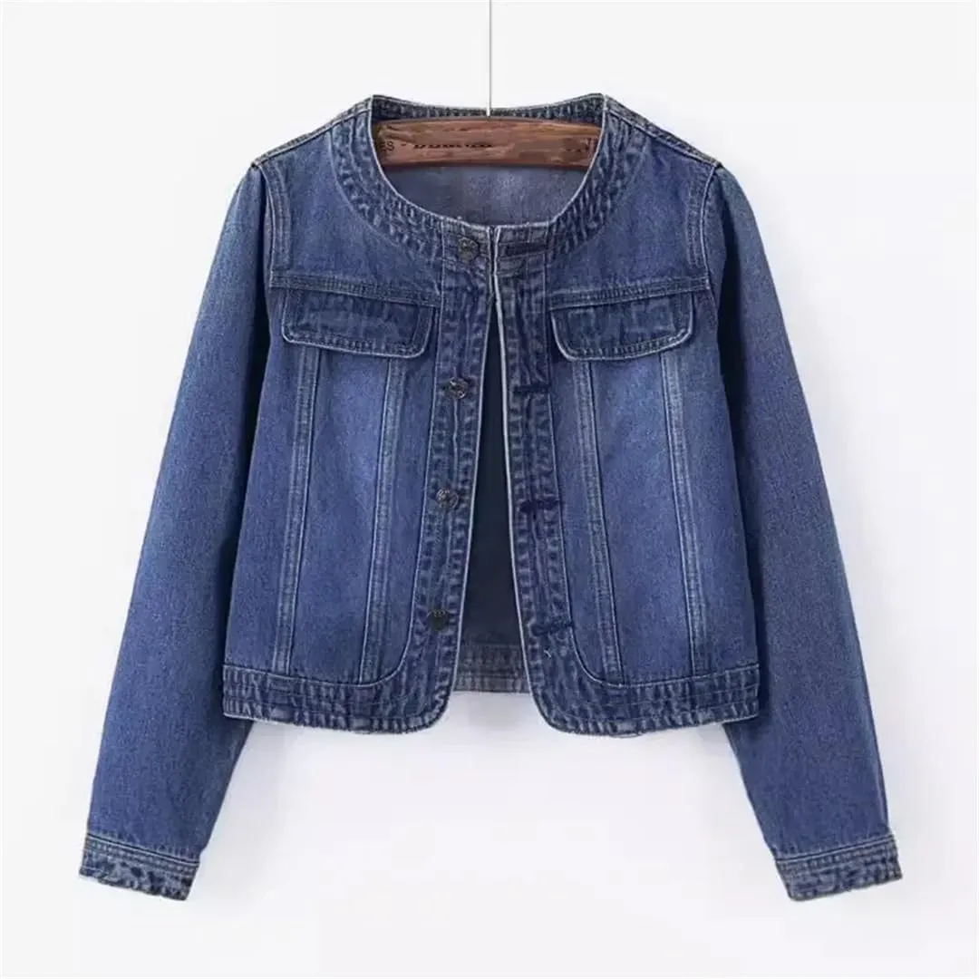 WomenS Seven Points Sleeve Denim Jacket O Neck Loose Fit Button Closure Pockets Vintage Inspired Casual Outerwear