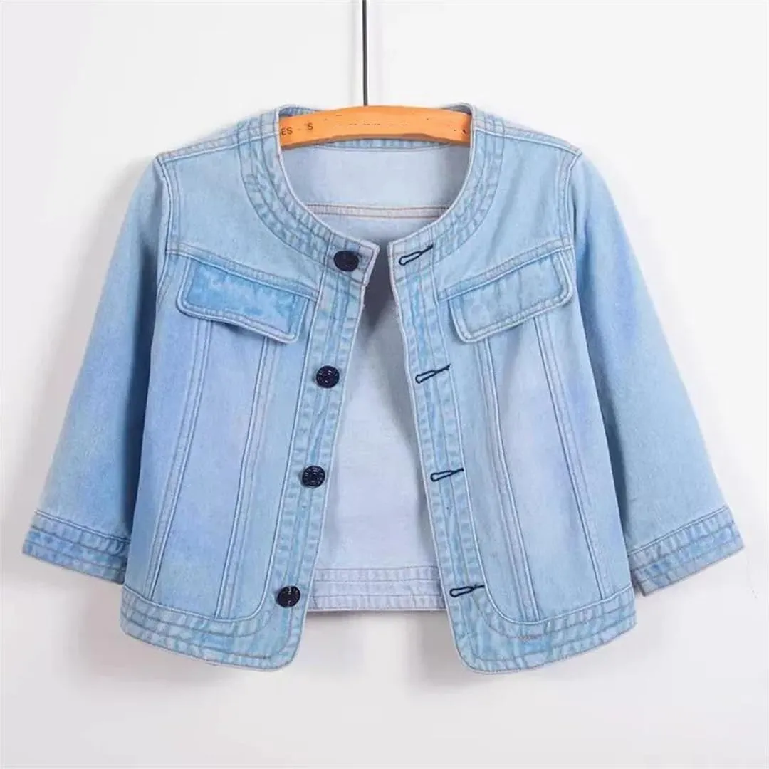 WomenS Seven Points Sleeve Denim Jacket O Neck Loose Fit Button Closure Pockets Vintage Inspired Casual Outerwear