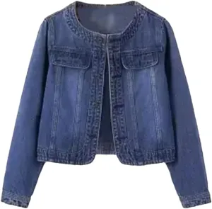 WomenS Seven Points Sleeve Denim Jacket O Neck Loose Fit Button Closure Pockets Vintage Inspired Casual Outerwear