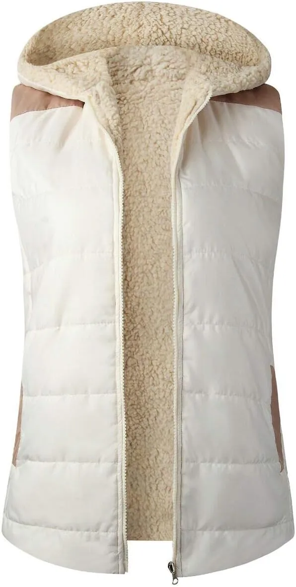 Womens Sherpa Fleece Full Zip Reversible Vest Warm Color Block Hoodie Outwear with Pocket