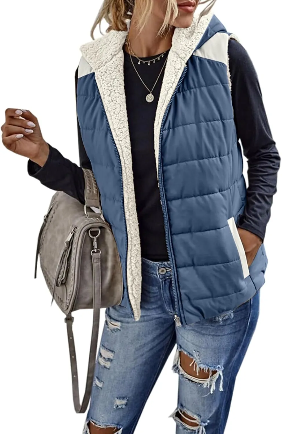 Womens Sherpa Fleece Full Zip Reversible Vest Warm Color Block Hoodie Outwear with Pocket