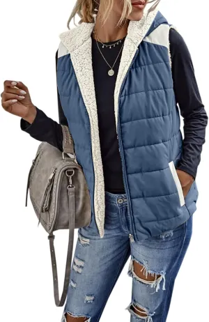 Womens Sherpa Fleece Full Zip Reversible Vest Warm Color Block Hoodie Outwear with Pocket