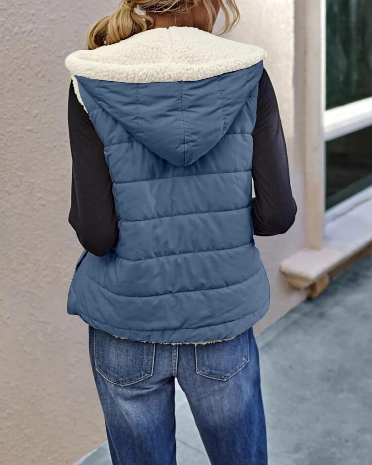 Womens Sherpa Fleece Full Zip Reversible Vest Warm Color Block Hoodie Outwear with Pocket