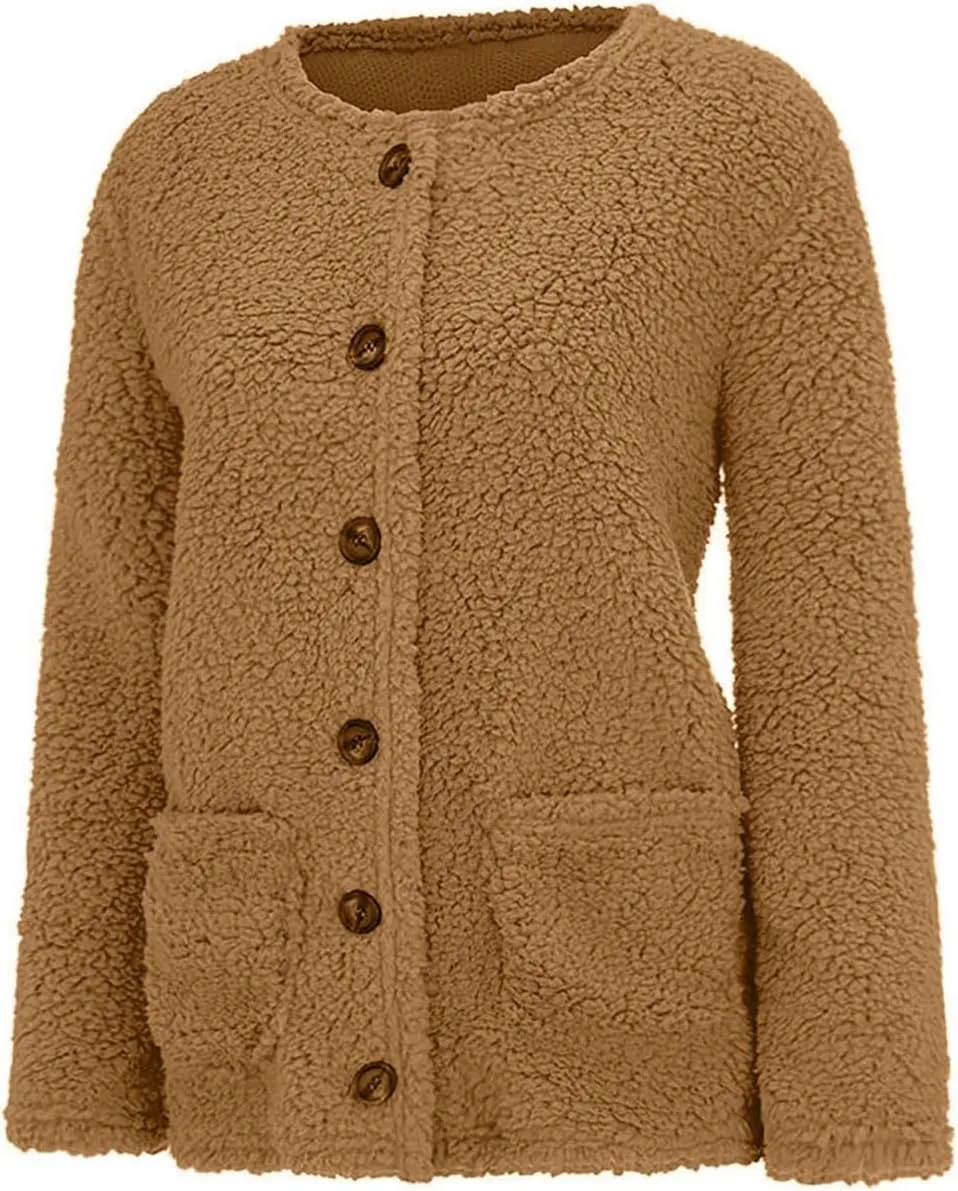 Womens Sherpa Jacket Plus Size Fuzzy Cardigan Open Front Fleece Jacket Long Sleeve Button Down Warm Coats