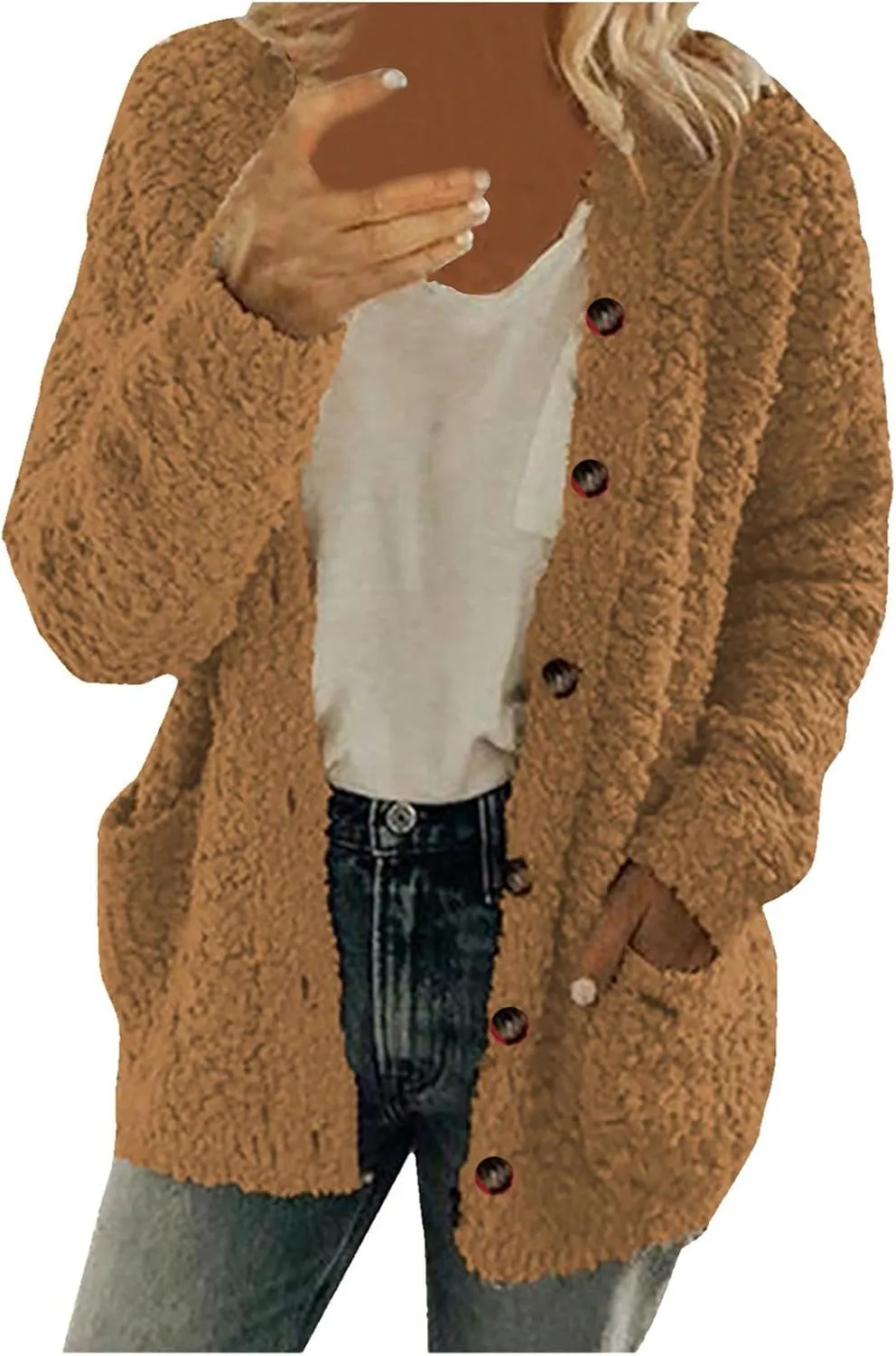 Womens Sherpa Jacket Plus Size Fuzzy Cardigan Open Front Fleece Jacket Long Sleeve Button Down Warm Coats