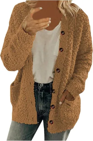 Womens Sherpa Jacket Plus Size Fuzzy Cardigan Open Front Fleece Jacket Long Sleeve Button Down Warm Coats