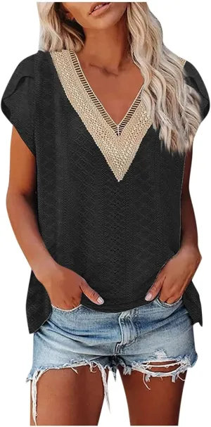 Women's Shirts and Blouses Solid Color Short-Sleeved V-Neck Lace Patchwork T-Shirt Top Short Sleeve Blouses, S-2XL