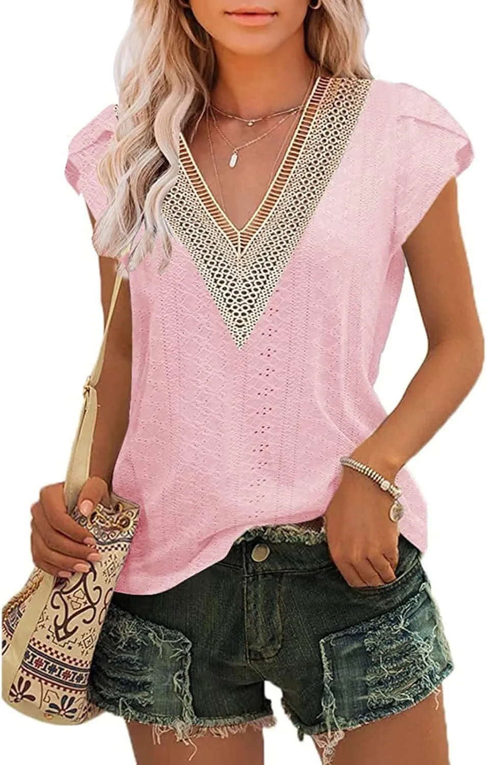 Women's Shirts and Blouses Solid Color Short-Sleeved V-Neck Lace Patchwork T-Shirt Top Short Sleeve Blouses, S-2XL