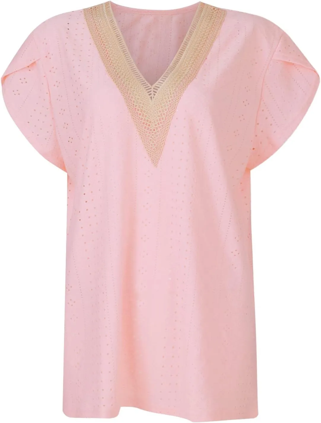 Women's Shirts and Blouses Solid Color Short-Sleeved V-Neck Lace Patchwork T-Shirt Top Short Sleeve Blouses, S-2XL