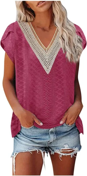 Women's Shirts and Blouses Solid Color Short-Sleeved V-Neck Lace Patchwork T-Shirt Top Short Sleeve Blouses, S-2XL