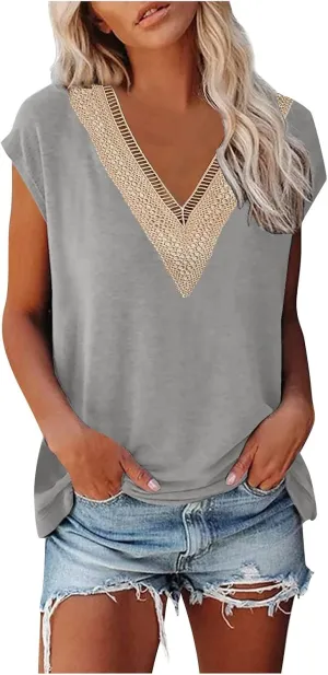 Women's Shirts and Blouses Solid Color Short-Sleeved V-Neck Lace Patchwork T-Shirt Top Short Sleeve Blouses, S-2XL