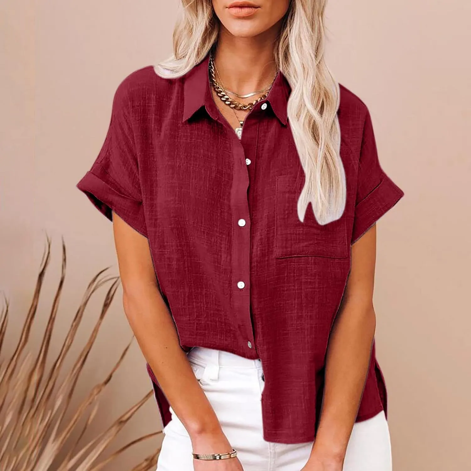 Womens Solid Button Shirt V Neck Collared Linen Blouses Short Sleeve Summer Beach Casual Tops with Chest Pocket