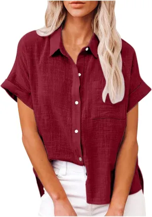 Womens Solid Button Shirt V Neck Collared Linen Blouses Short Sleeve Summer Beach Casual Tops with Chest Pocket