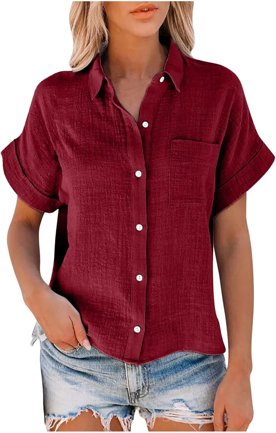 Womens Solid Button Shirt V Neck Collared Linen Blouses Short Sleeve Summer Beach Casual Tops with Chest Pocket