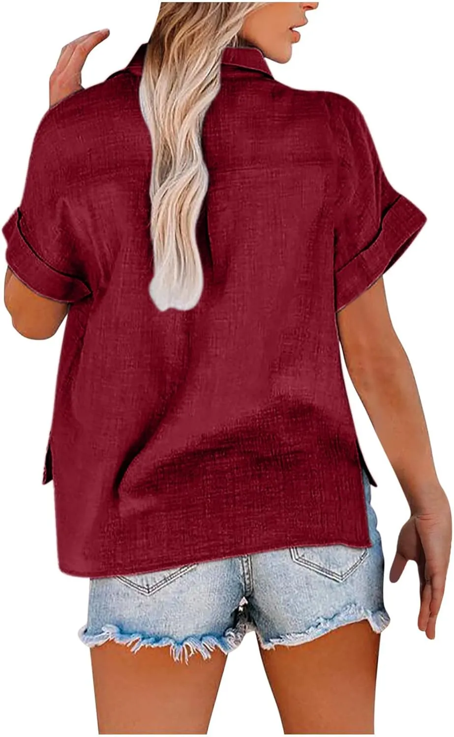 Womens Solid Button Shirt V Neck Collared Linen Blouses Short Sleeve Summer Beach Casual Tops with Chest Pocket