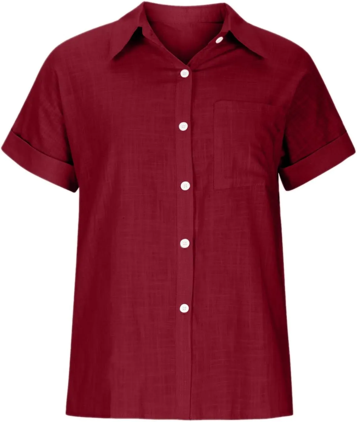 Womens Solid Button Shirt V Neck Collared Linen Blouses Short Sleeve Summer Beach Casual Tops with Chest Pocket