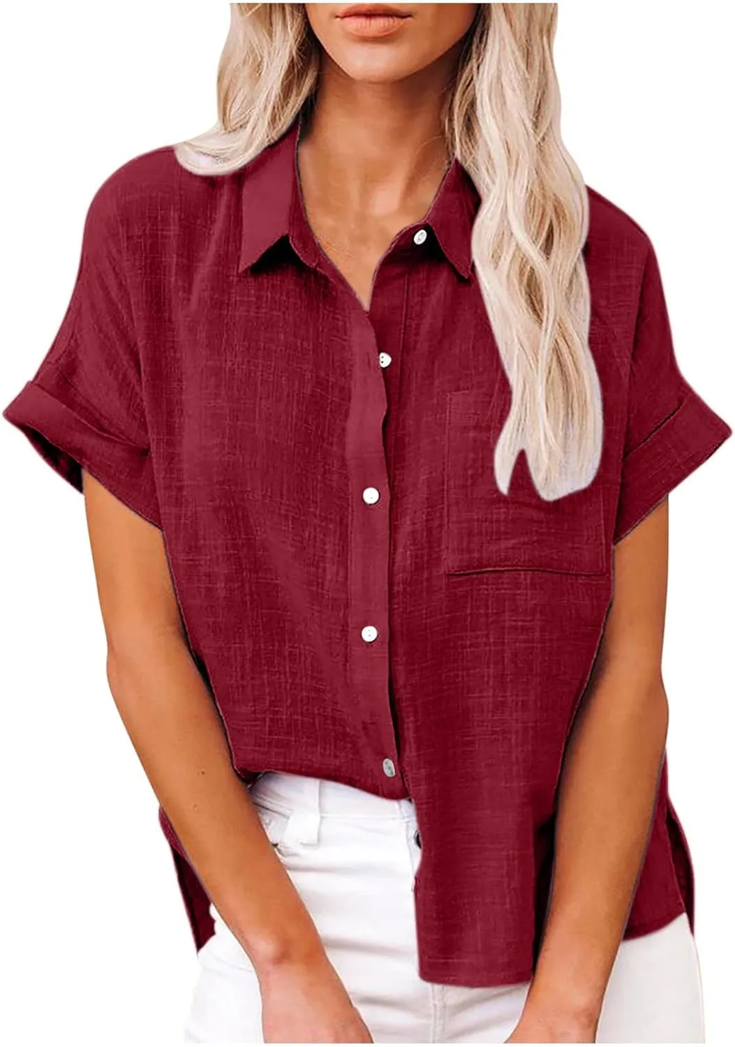 Womens Solid Button Shirt V Neck Collared Linen Blouses Short Sleeve Summer Beach Casual Tops with Chest Pocket