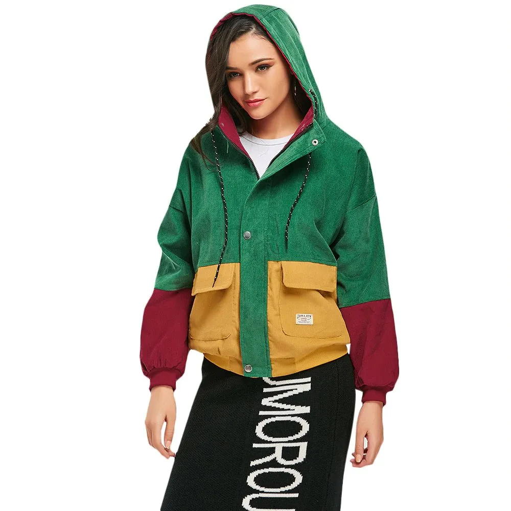 Women's Spring/Autumn Multicolored Hooded Corduroy Coat