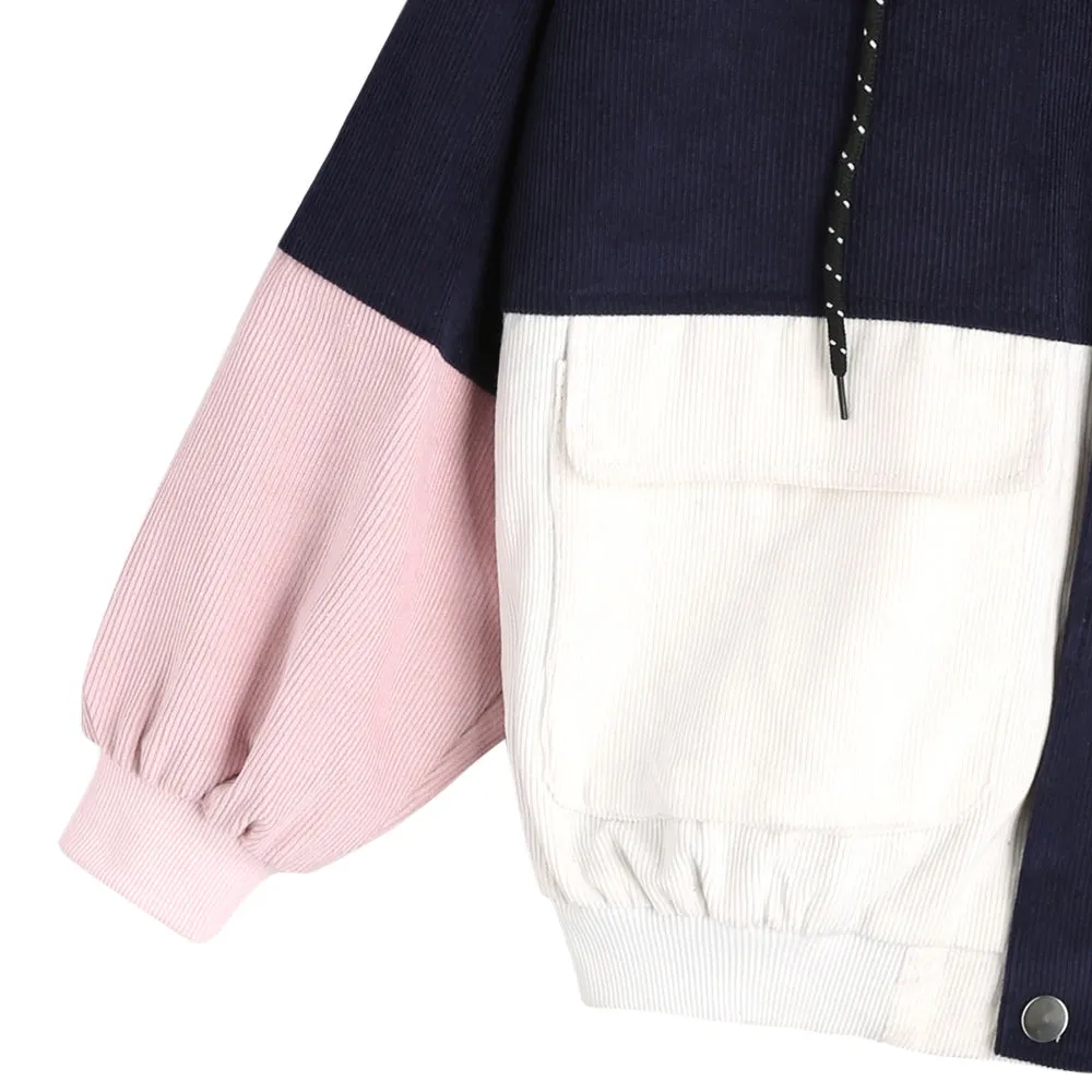 Women's Spring/Autumn Multicolored Hooded Corduroy Coat