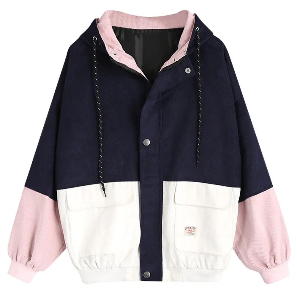Women's Spring/Autumn Multicolored Hooded Corduroy Coat