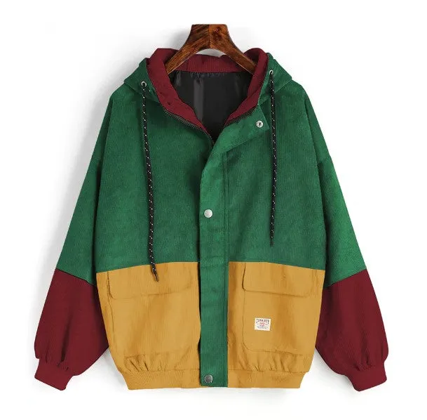 Women's Spring/Autumn Multicolored Hooded Corduroy Coat