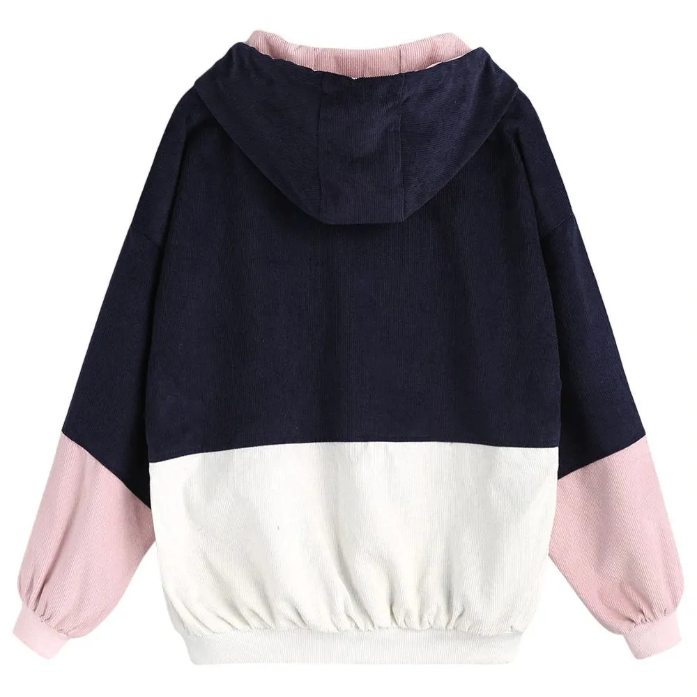 Women's Spring/Autumn Multicolored Hooded Corduroy Coat
