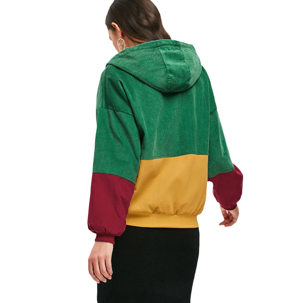 Women's Spring/Autumn Multicolored Hooded Corduroy Coat