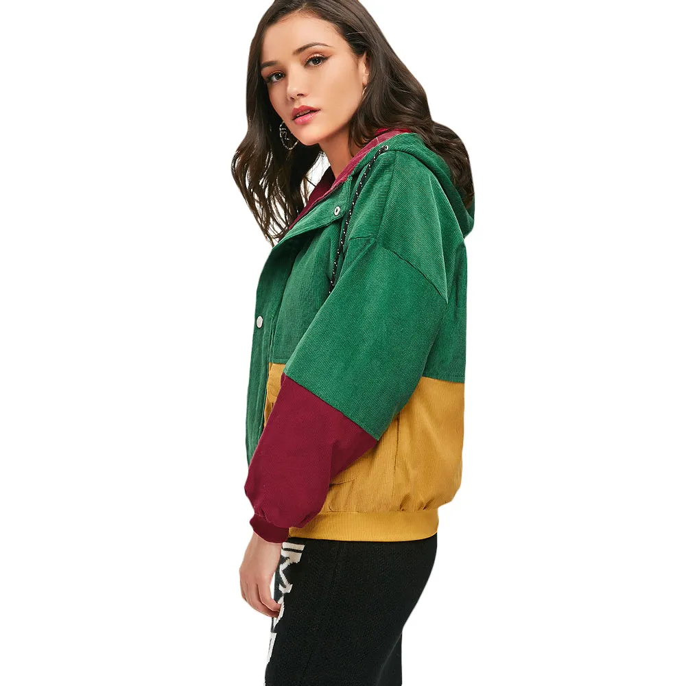 Women's Spring/Autumn Multicolored Hooded Corduroy Coat