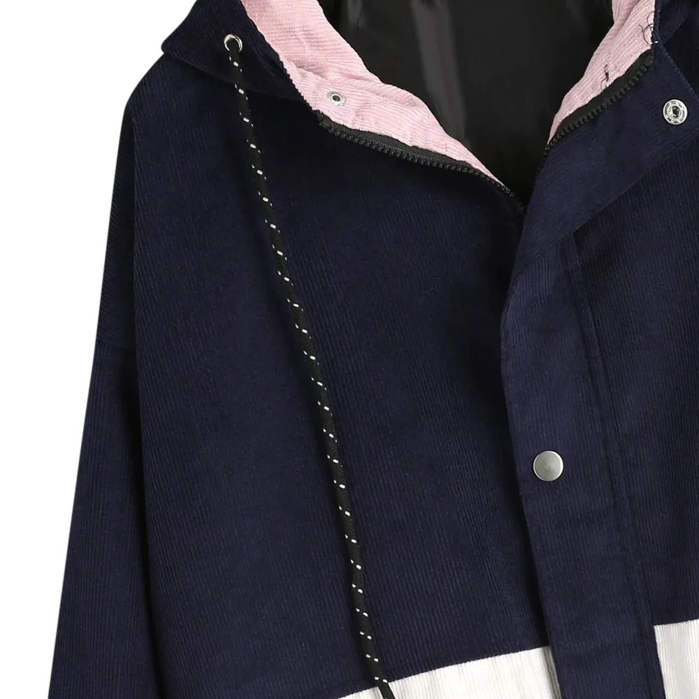 Women's Spring/Autumn Multicolored Hooded Corduroy Coat